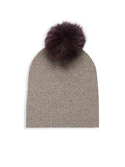 Sofia Cashmere Ribbed Fox Fur And Cashmere Beanie In Plum Taupe