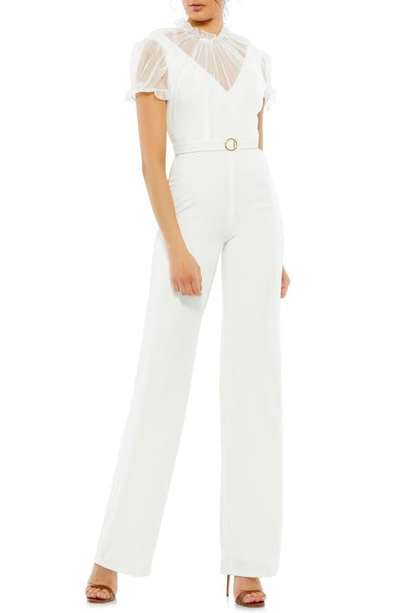 Mac Duggal Belted Illusion Crepe Jumpsuit In White