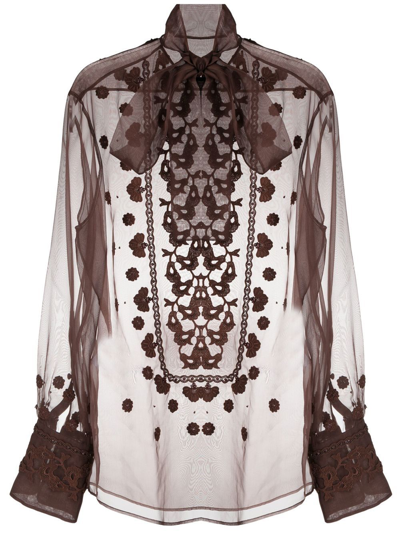 Valentino Pussy-bow Embellished Embroidered Silk-organza Blouse In Brown