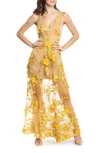 Dress The Population Sidney Deep V-neck 3d Lace Gown In Canary/ Nude