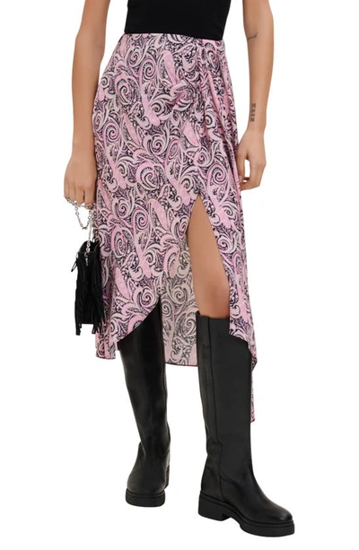 Maje Printed Viscose Asymmetric Skirt In Pink Paisley /