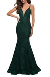 La Femme Sleeveless Lace Mermaid Gown In Emerald