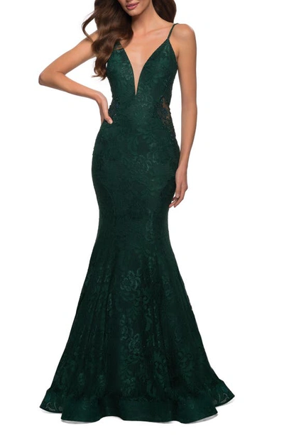 La Femme Sleeveless Lace Mermaid Gown In Emerald