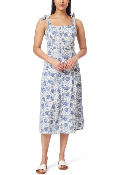 C&c California Ellis Floral Button Front Linen Blend Sundress In Snow White Indigo Floral