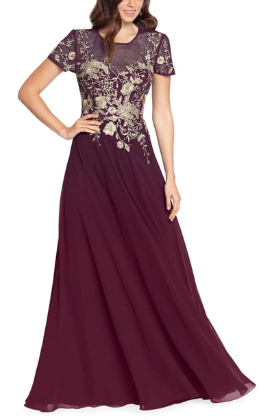 Betsy & Adam Besty & Adam Metallic Floral Fit & Flare Gown In Wine/ Gold