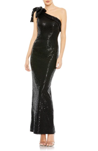 Mac Duggal Bow Sequin One-shoulder Column Gown In Black