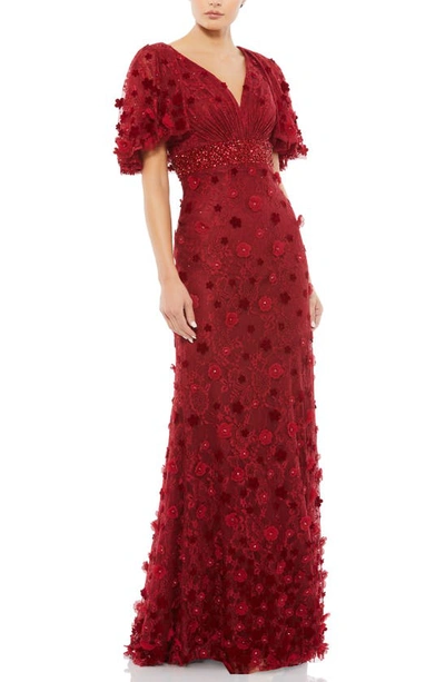 Mac Duggal Floral Appliqué Flutter Sleeve Lace Gown In Burgundy