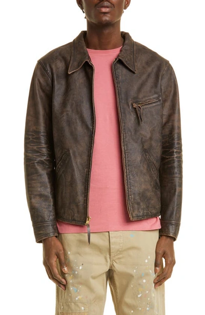 Double Rl Lynton Leather Jacket In Black Over Brown