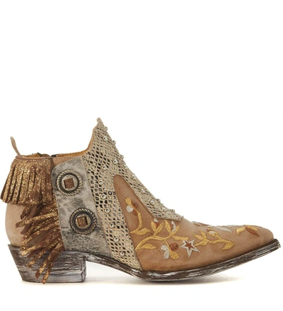 Mexicana Corus Beige Leather Ankle Boots With Fringes And Floral Embroidery