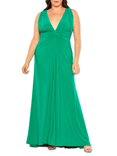 Mac Duggal Green Plus Size Draped V Neck Sleeveless A Line Gown In Jade