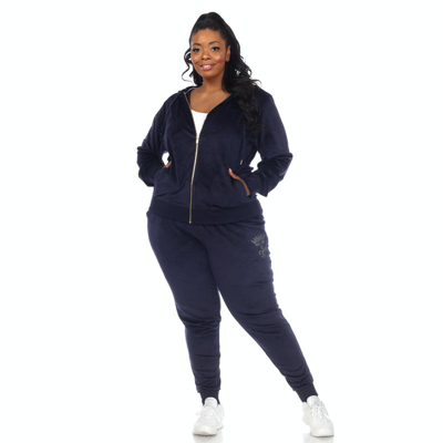 White Mark Plus Size Rhinestone Velour Tracksuit 2 Piece Set In Blue