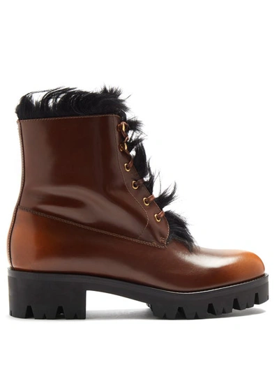 Prada Shearling-lined Leather Ankle Boots In Brown