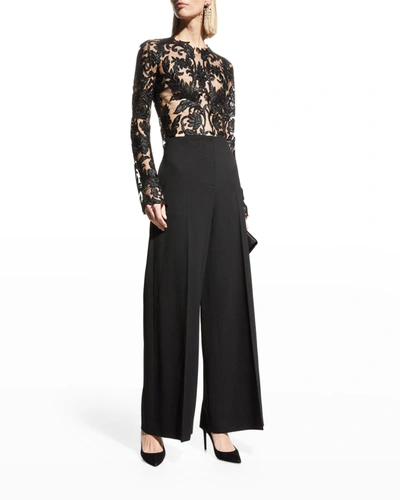 Romona Keveza Sequin Floral Lace Crop Blouse In Black