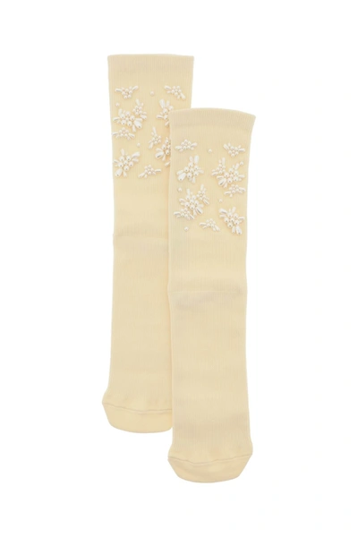 Simone Rocha Flower Embellished Socks In White,beige