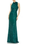 Mac Duggal High Neck Sequin Sheath Gown In Teal