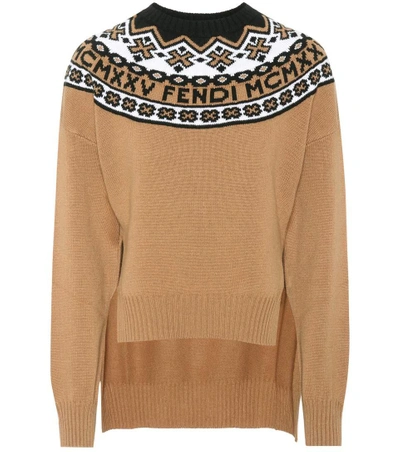 Fendi Embroidered Knitted Sweater In Camello