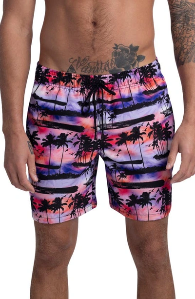 Bugatchi Tropical Sunset Swim Trunks In Orchid