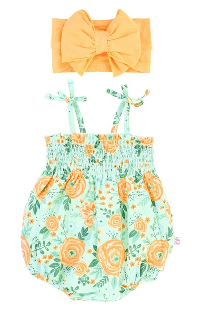 Rufflebutts Babies' Cottage Flowers Smocked Romper & Headband Set In Green