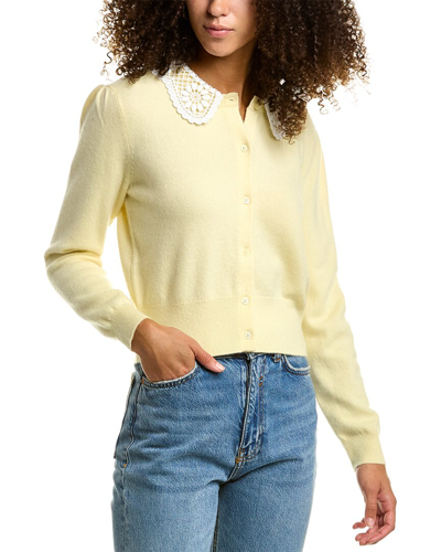 Maje Cashmere Cardigan With Guipure Collar In Yellow