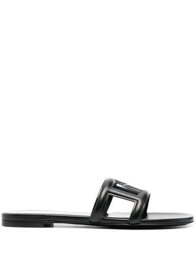 Versace Greca Maze Calfskin Flat Sandals In Black