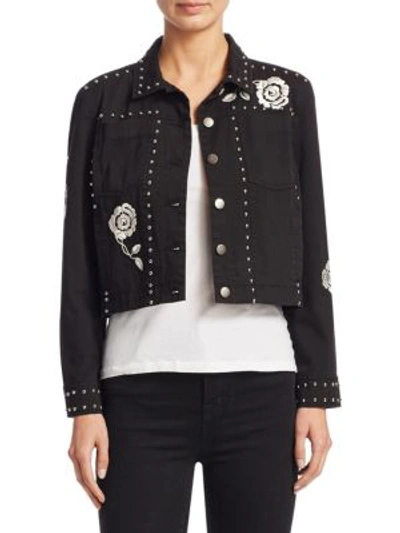 Cinq À Sept Fatima Button-front Denim Jacket With Embroidery And Studded Trim In Black