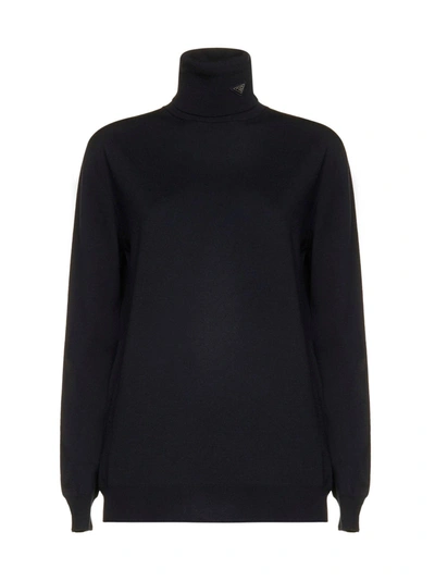 Prada Roll-neck Logo Plaque Long Sleeved Sweater In Default Title