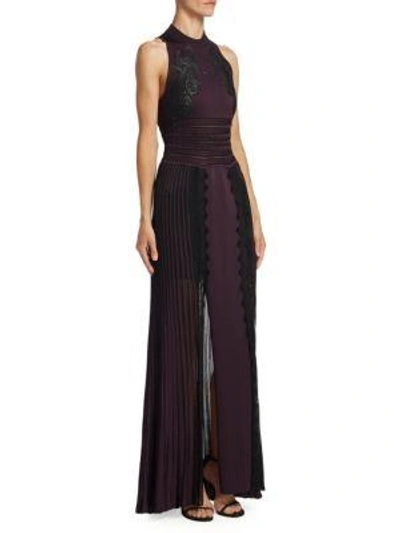Roberto Cavalli Embroidered Pleated Gown In Dark Orchid