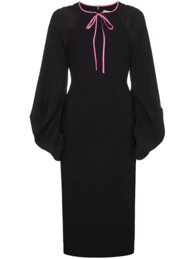 Roksanda Split-neck Balloon-sleeve Straight Crepe Midi Dress In Black