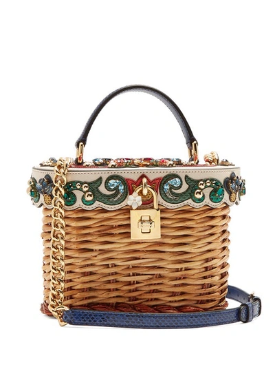 Dolce & Gabbana Crystal-embellished Leather-trimmed Basket Bag In Multi