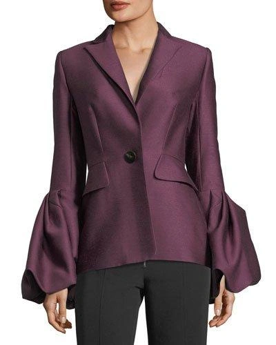 Roksanda Notch-collar One-button Pouf-cuff Wool-silk Jacket In Plum