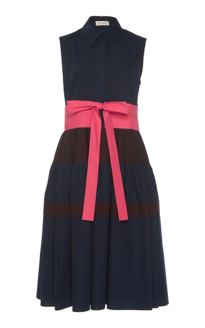 Delpozo Sleeveless Button-front Tie-waist Tricolor Cotton Dress In Blue