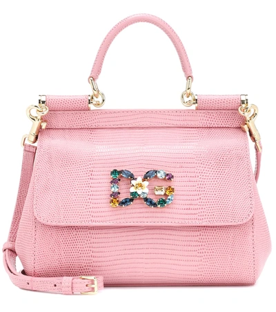 Dolce & Gabbana Small Sicily Handbag In Iguana Print Calfskin With Dg Logo Crystals In Pink