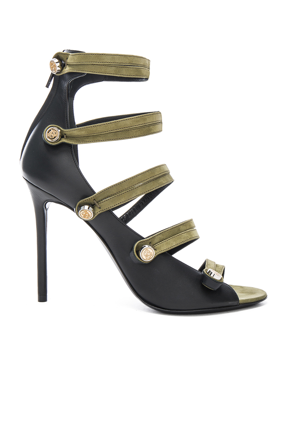 Balenciaga Leather Strap Heels In Black & Vert Khaki | ModeSens