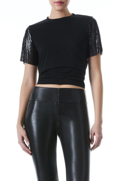 Alice And Olivia Tari Chainmail Mesh Sleeve T-shirt In Black