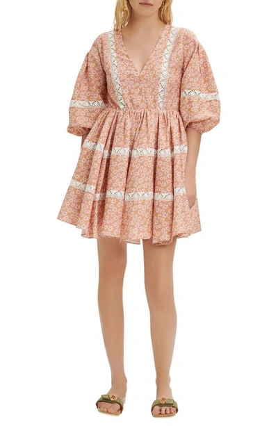 Maje Lace-trimmed Gathered Floral-print Voile Mini Dress In Pink Daisy