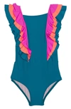 Beach Lingo Kids' Sunsets Ruffle One-piece Swimsuit In Multi