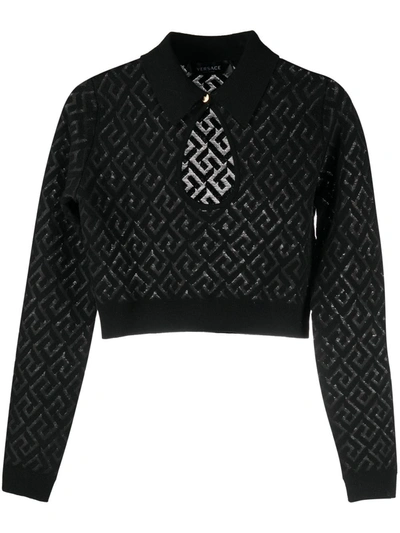 Versace Greca-jacquard Cutout Wool-blend Top In Black