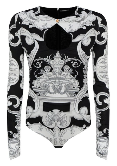 Versace Silver Baroque Keyhole-front Fitted Jersey Top In Black White