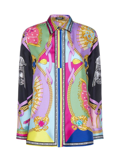 Versace Ventagli Fan-print Silk Button-down Shirt In Multicolor