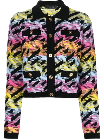 Versace Geometric Monogram Knit Cardigan In Multicolor