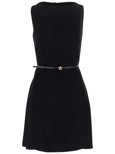 Versace Sleeveless Belted Cady A-line Minidress In Black