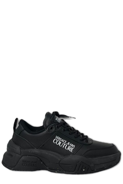 Versace Jeans Couture Leather Logo Print Trainers In Black
