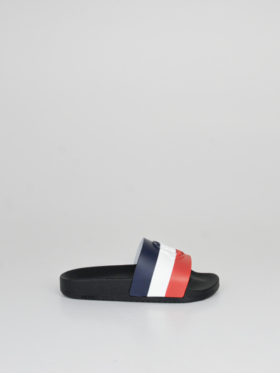 Moncler Kids Black Slipper With Tricolor Band In White