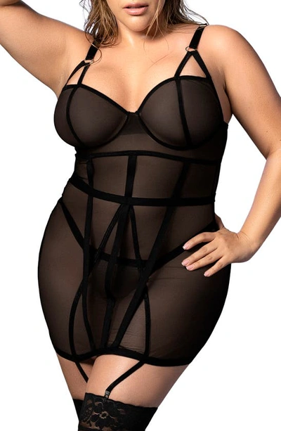 Mapalé Underwire Mesh Chemise & Thong Set In Black