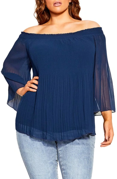 City Chic Trendy Plus Size Pleated Off Shoulder Top In Navy