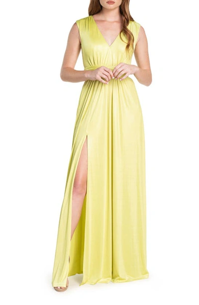 Dress The Population Krista Plunge Neck Side Slit Gown In Lemongrass