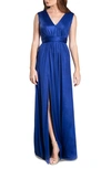 Dress The Population Krista Plunge Neck Side Slit Gown In Electric Blue