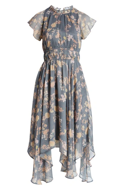 French Connection Floral Chiffon Dress In Warm Graphite