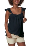 Stowaway Collection Gauze Ruffle Strap Maternity Tank In Black