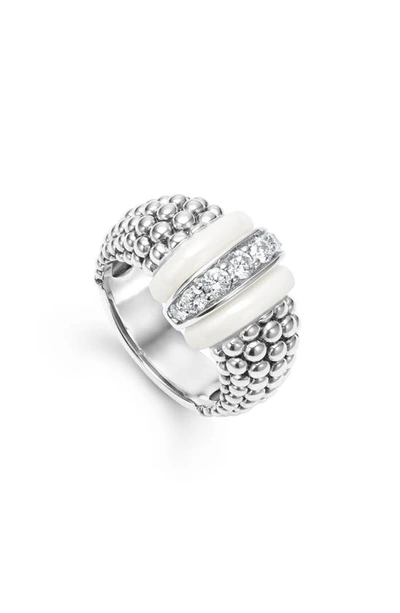Lagos White Caviar White Ceramic Diamond Large 1-link Ring In White/silver